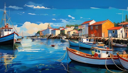 seascape with fishing boats in a small harbor