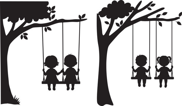 Children playing on swings under trees silhouette