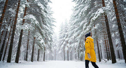 Woman walking in snowy winter forest landscape yellow jacket snow covered trees winter wonderland scenic view