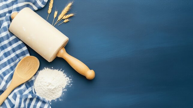 Baking Ingredients and Tools on Blue Background - Powered by Adobe