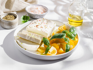 feta cheese with yellow tomatoes and basil
