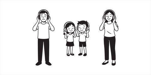Family listening to music vector illustration – parents and children enjoying songs together with headphones in minimal line art style