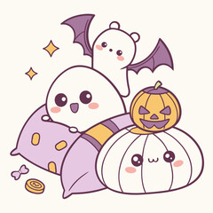 Cute kawaii halloween ghost pumpkin bat pillow vector illustration scalable graphics illustration