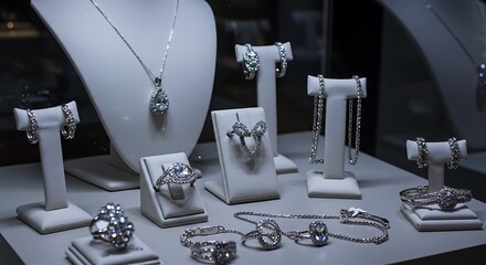 Elegant jewelry collection sparkling in shop window display attracts shoppers