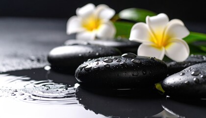 Spa stones with plumeria flowers in water with zen meditation.