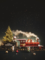 Red train with Christmas tree and Christmas presents on dark green background. Christmas greeting card design with copy space. 3D Rendering, 3D Illustration