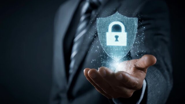 Businessman in a suit holding a glowing digital shield with a padlock icon. Concept for cybersecurity, data protection, and internet privacy.
