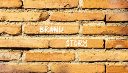 Brand story symbol. Concept words Brand story on beautiful brown brick wall. Beautiful brown brick wall background. Business brand story concept. Copy space.