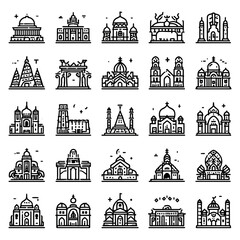 Global architectural landmarks outline icons. Diverse collection of famous world buildings, historical sites, temples, churches, and cultural monuments.