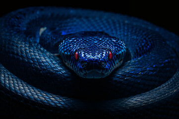 Obraz premium Close up of a coiled dark blue snake with glowing red eyes