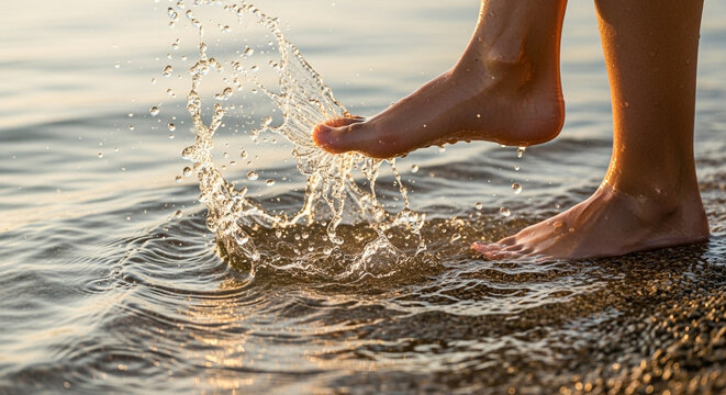 Barefoot beach walk splashing in water summer vacation travel and relaxation feet in ocean water sunlight - Powered by Adobe