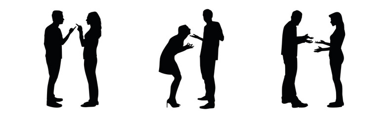 Silhouettes of people in conversation and interaction on black background