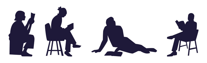 Silhouettes of people reading in various seated and reclining positions