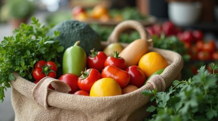Farmer’s market tote of loose produce, mesh bags, no plastic packaging
