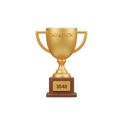 3d icon of a golden champion trophy with handles and a base showing the number 3540 isolated on transparent background