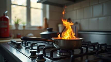 Kitchen stove with a small pan fire, a lid and extinguisher within reach and a window open