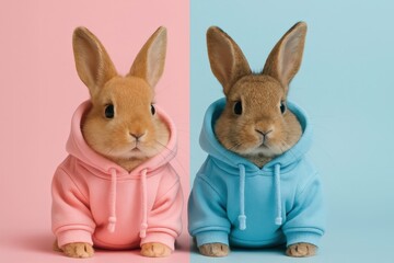 Obraz premium Adorable Rabbits in Hoodies on Colorful Backgrounds