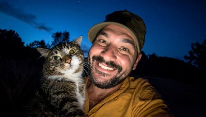 Man and Cat Selfie Under the Night Sky.