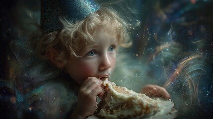 Fototapeta premium Whimsical Child Eating Cake at Magical Birthday