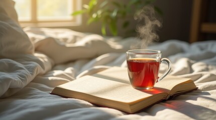 Morning sunlight across a neatly made bed with an open journal and steaming herbal tea