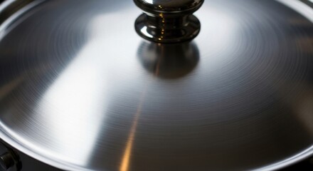 Obraz premium Close up of a shiny stainless steel pot lid with a knob in a kitchen environment