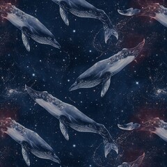 Fototapeta premium Cosmic Whale Seamless Pattern – Mystical Ocean Creature Design Floating in Starry Galaxy Night Sky