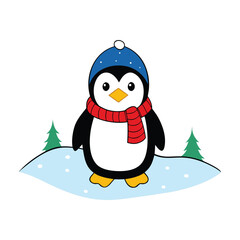 Cute cartoon penguin wearing a blue hat and red scarf in a snowy winter landscape