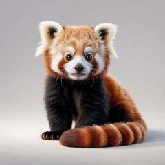Adorable Red Panda Sitting with Fluffy Tail and Alert Eyes on a Light Gray Background animal cute