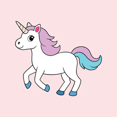 Charming cartoon unicorn with flowing mane and tail on a soft pink backdrop