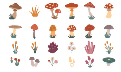 Mushroom flat Illustration Icons set, Floating plant and tree Vector Art Illustration Clipart. set of mushroom Illustration bundle	
