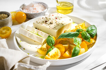 feta cheese with yellow tomatoes and basil