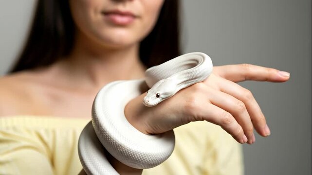 A white leucistic ball python coiled around a woman's hand. Close-up of an exotic reptile pet being held by its owner. Human and animal interaction concept
