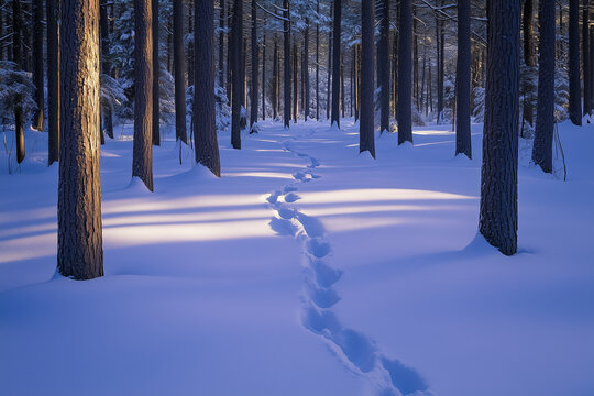 Snowy forest pathway with footprints in tranquil winter light