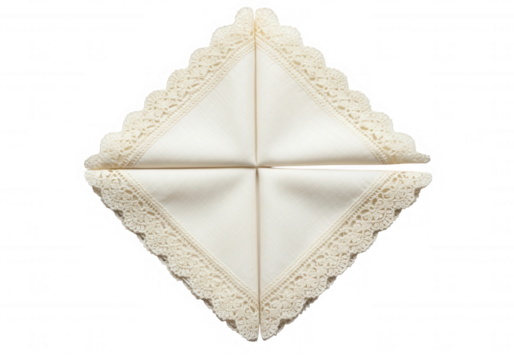 Cream lace edged fabric squares isolated on a transparent background