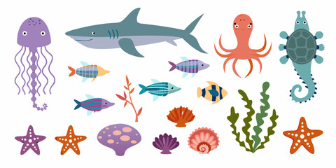 Collection of cute cartoon ocean animals and sea creatures with plants and shells