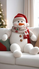 A snowman wearing a scarf and knit hat relaxes on a living room sofa. A room decorated for Christmas, Christmas tree.マフラーとニット帽をつけた雪だるまがリビングのソファでくつろぐ。クリスマスの飾りがされた部屋,クリスマスツリー