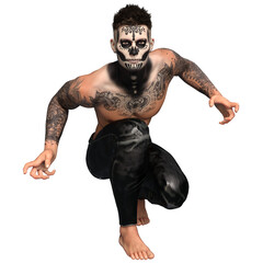 3D rendered male character with dia de los muertos face make up and full body tattoos, isolated on transparent background
