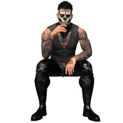 3D rendered male character with dia de los muertos face make up and full body tattoos, isolated on transparent background