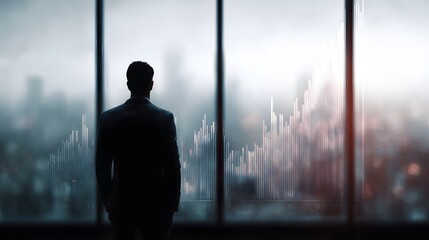 A businessman in silhouette gazes out an office window at a city skyline overlaid with financial growth charts symbolizing ambition and future