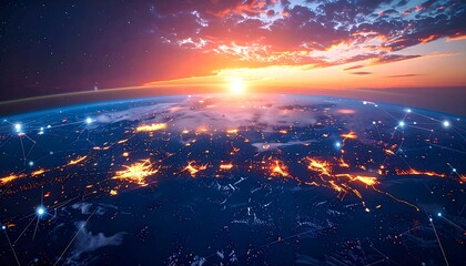 Earth from Space - A Stunning View of City Lights at Sunset.
