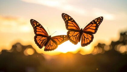 Monarch Butterflies Flying Sunset  Nature Orange Wings Background.