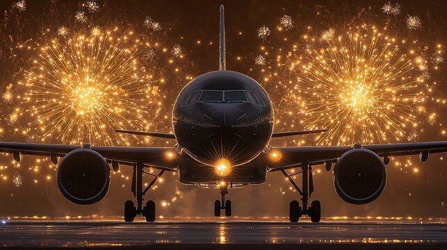 Silhouette of airplane framed against bright fireworks bursting behind night sky - Powered by Adobe