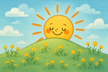 Fototapeta premium Cheerful Sun Illustration with Flowers and Blue Sky