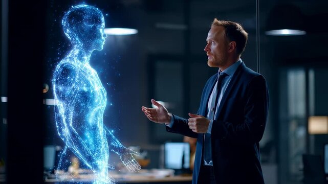 Businessman in a modern office talking to a life-sized female digital hologram. Futuristic concept for AI, metaverse, virtual assistants, and business communication
