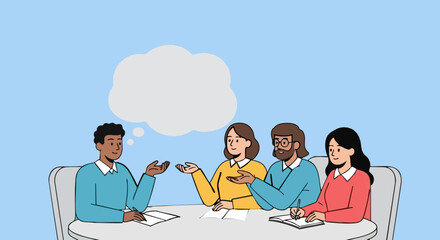Flat Vector Illustration of Diverse Group Collaborating in an Idea Generation Workshop
