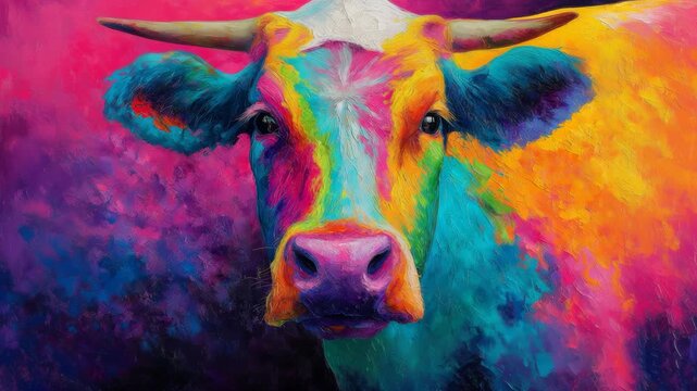 Colorful painted cow on vibrant background 