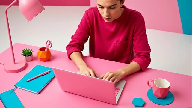 A young woman working and typing on a pink laptop at a modern desk. Creative and colorful workspace with stylized office supplies. Remote work and freelance concept