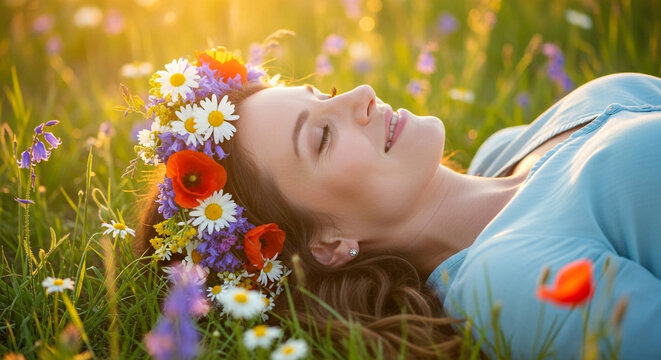 Beautiful young woman lying on meadow with wildflowers, enjoying nature and sunlight, serene moment of relaxation and connection with the earth - Powered by Adobe