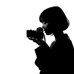 Elegant silhouette of a woman photographer holding a camera, focused on creative capture. High contrast black and white studio shot.