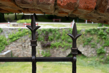 Wrought iron fence detail in historic garden

